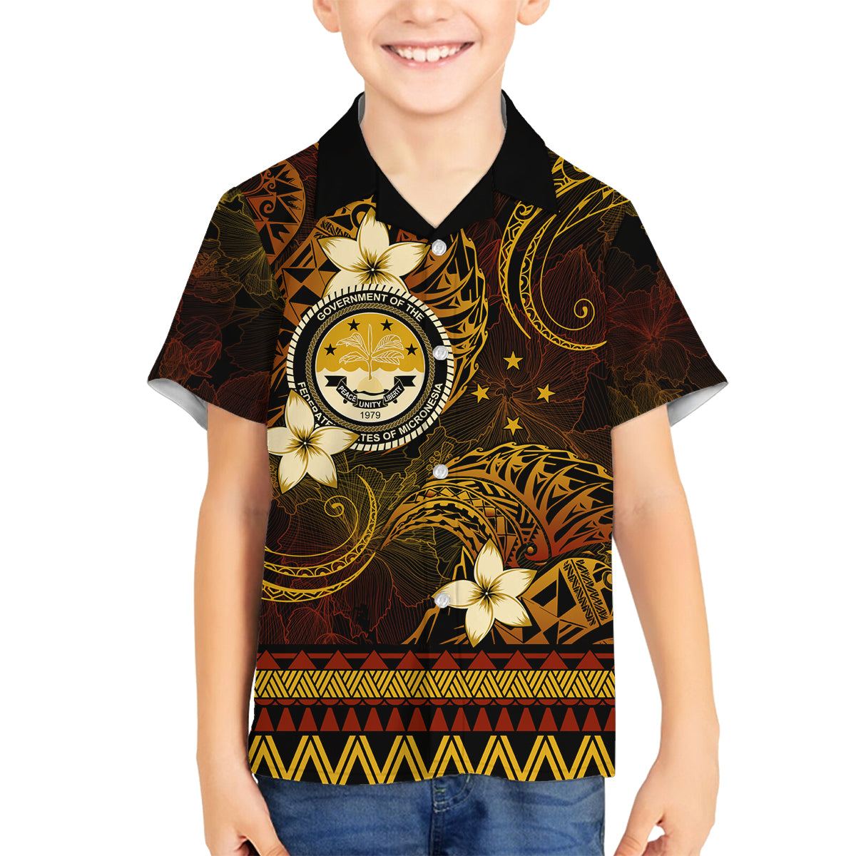 FSM Culture Day Family Matching Off Shoulder Long Sleeve Dress and Hawaiian Shirt Tribal Pattern Gold Version LT01 Son's Shirt Gold - Polynesian Pride