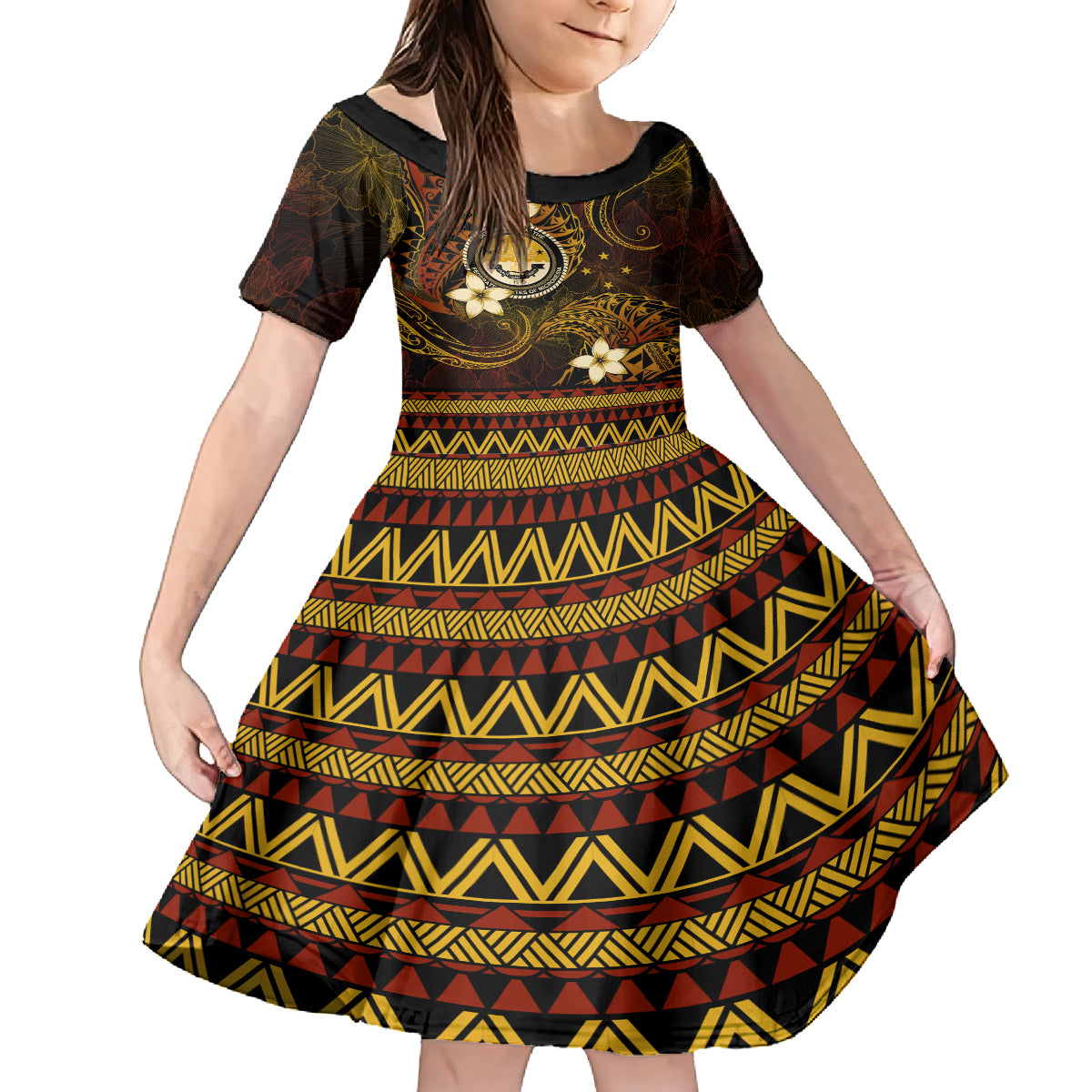 FSM Culture Day Family Matching Puletasi and Hawaiian Shirt Tribal Pattern Gold Version LT01 Daughter's Dress Gold - Polynesian Pride