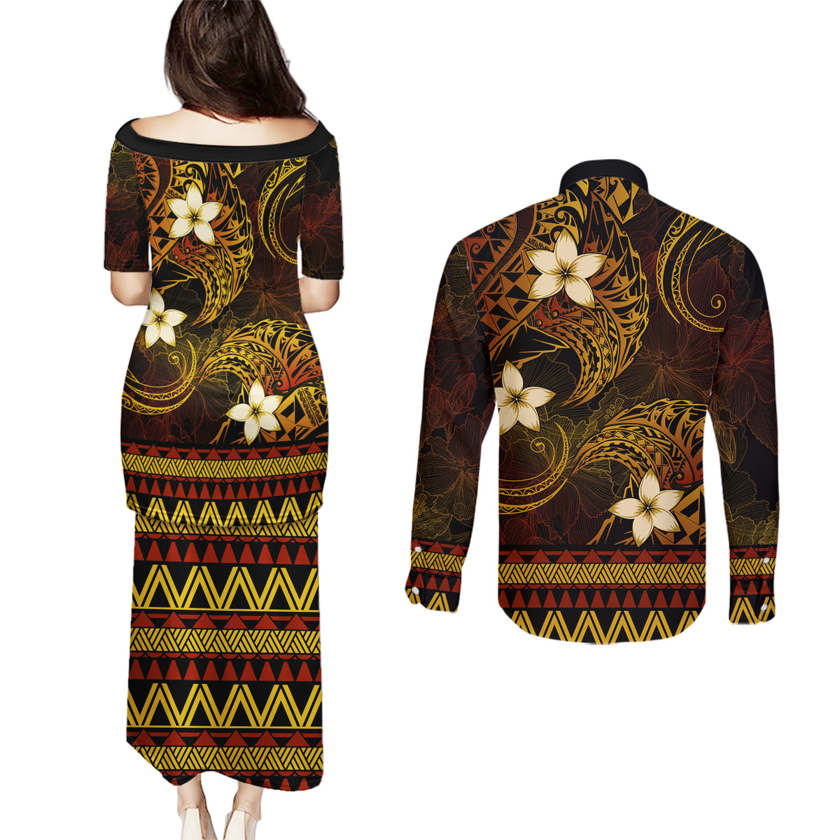 FSM Chuuk State Couples Matching Puletasi and Long Sleeve Button Shirt Tribal Pattern Gold Version LT01 - Polynesian Pride