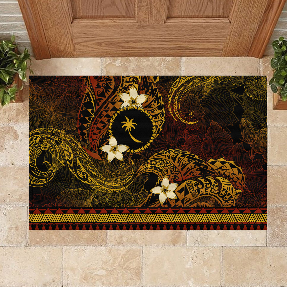 FSM Chuuk State Rubber Doormat Tribal Pattern Gold Version LT01 - Polynesian Pride