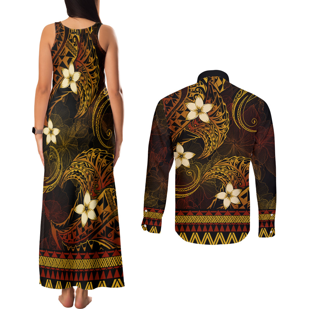 FSM Kosrae State Couples Matching Tank Maxi Dress and Long Sleeve Button Shirt Tribal Pattern Gold Version LT01 - Polynesian Pride