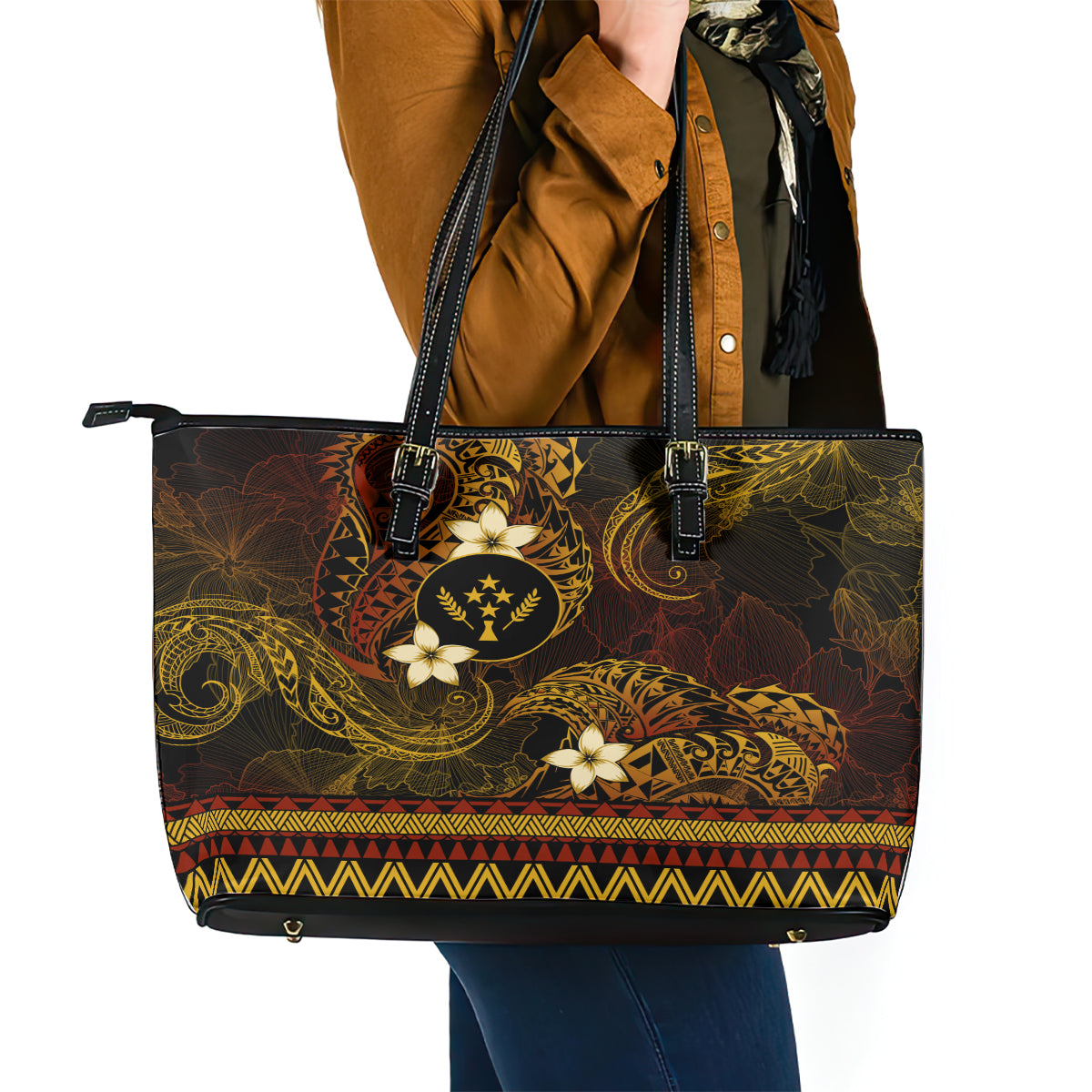 FSM Kosrae State Leather Tote Bag Tribal Pattern Gold Version LT01 - Polynesian Pride