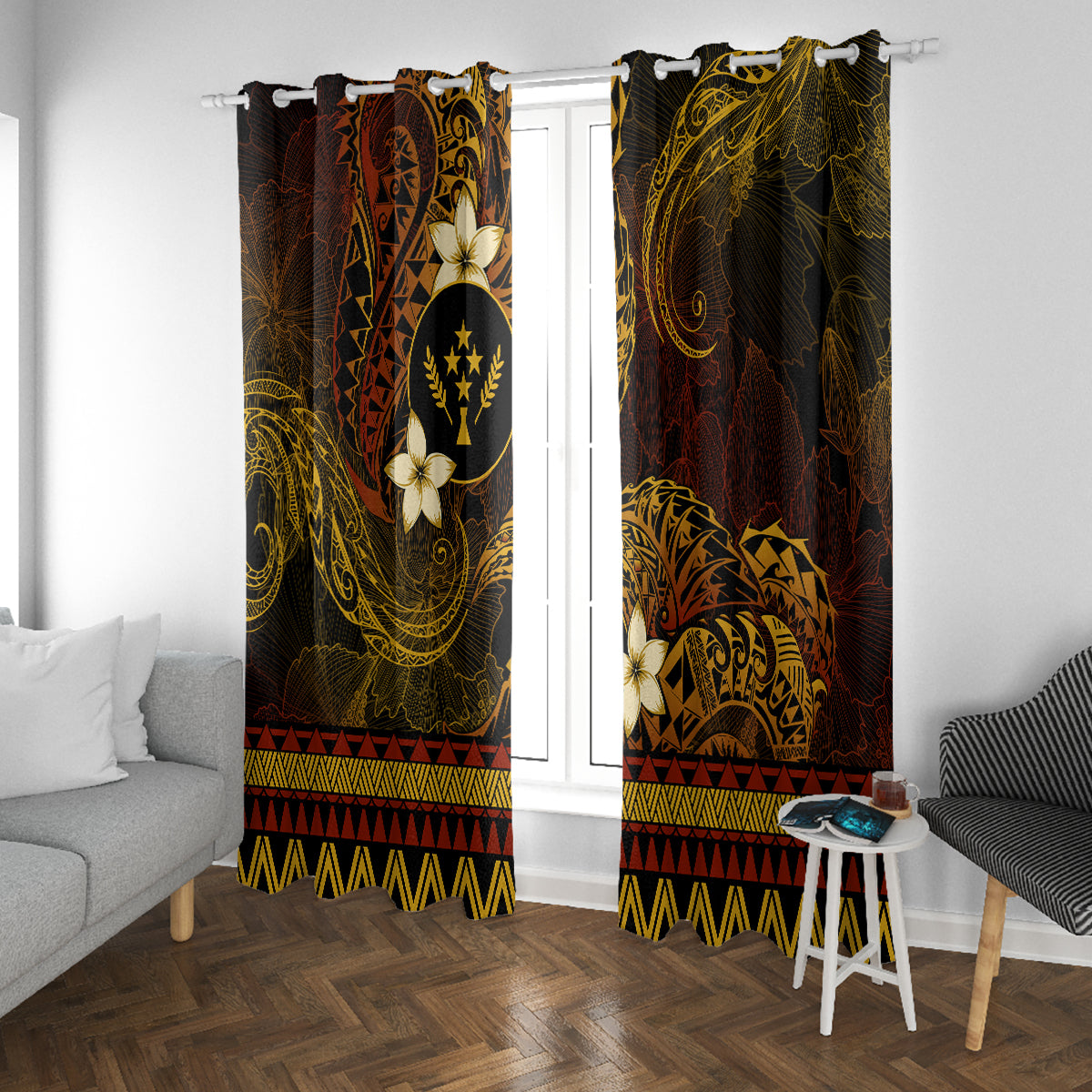 FSM Kosrae State Window Curtain Tribal Pattern Gold Version LT01 With Grommets Gold - Polynesian Pride