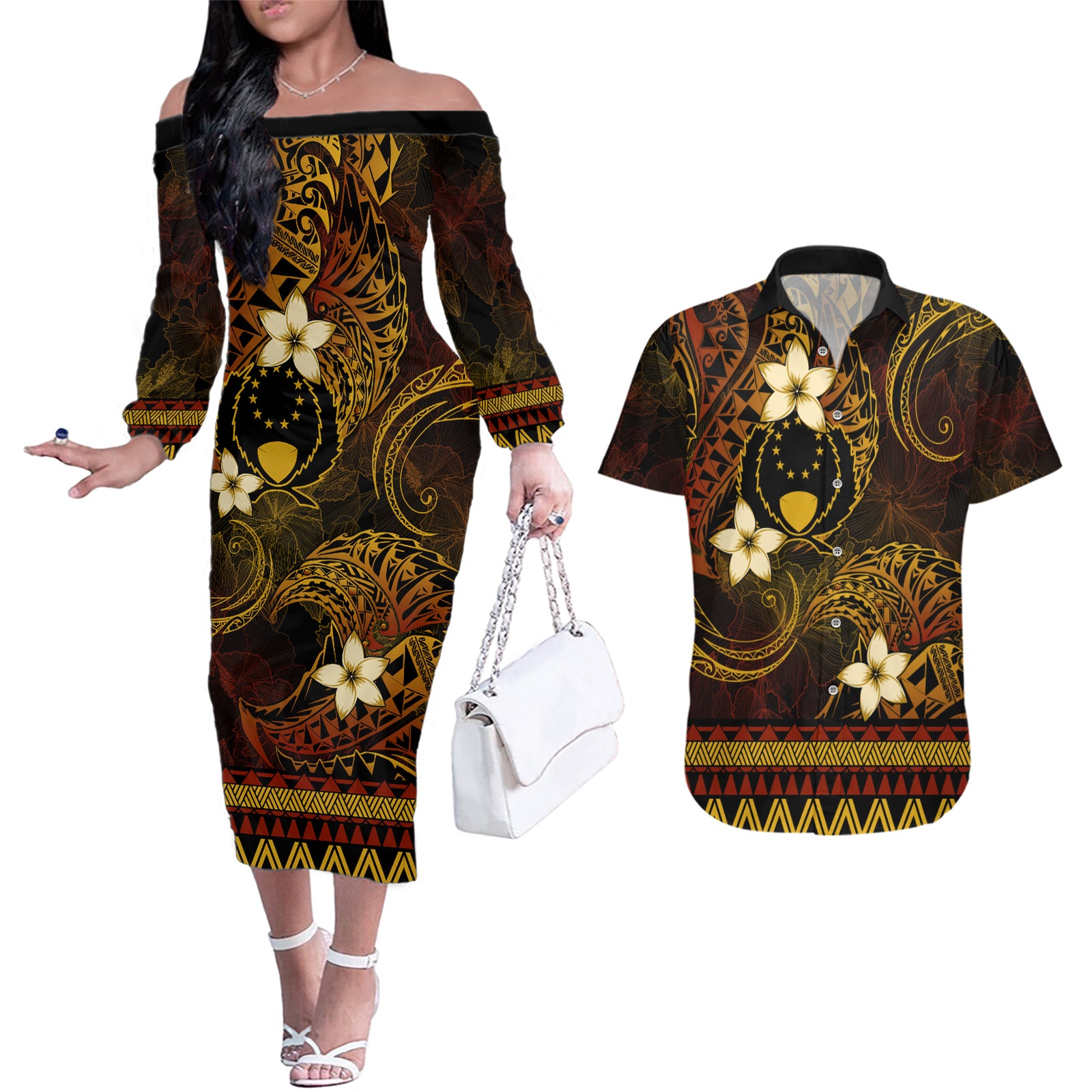 FSM Pohnpei State Couples Matching Off The Shoulder Long Sleeve Dress and Hawaiian Shirt Tribal Pattern Gold Version LT01 Gold - Polynesian Pride