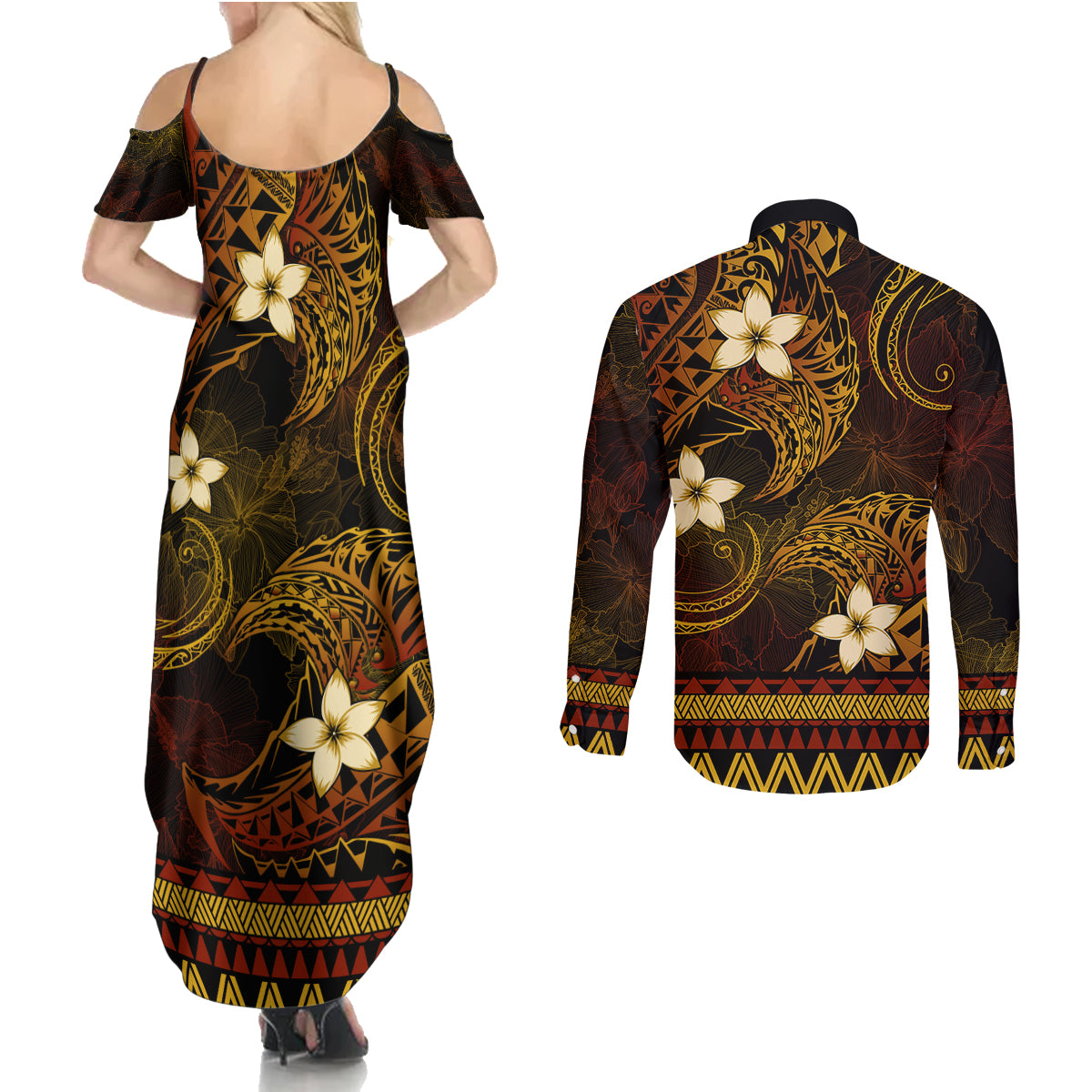 FSM Pohnpei State Couples Matching Summer Maxi Dress and Long Sleeve Button Shirt Tribal Pattern Gold Version LT01 - Polynesian Pride