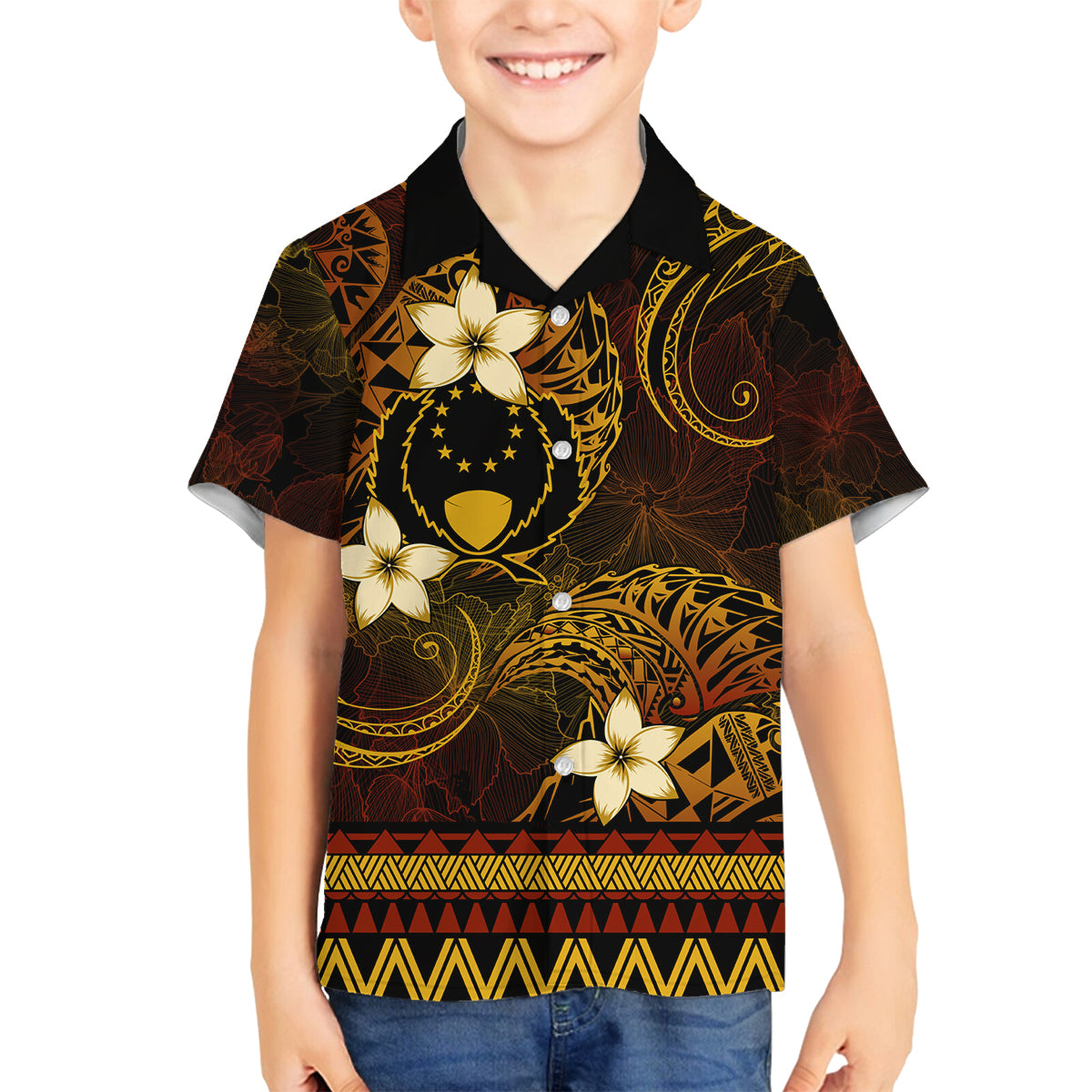 FSM Pohnpei State Family Matching Off Shoulder Long Sleeve Dress and Hawaiian Shirt Tribal Pattern Gold Version LT01 Son's Shirt Gold - Polynesian Pride