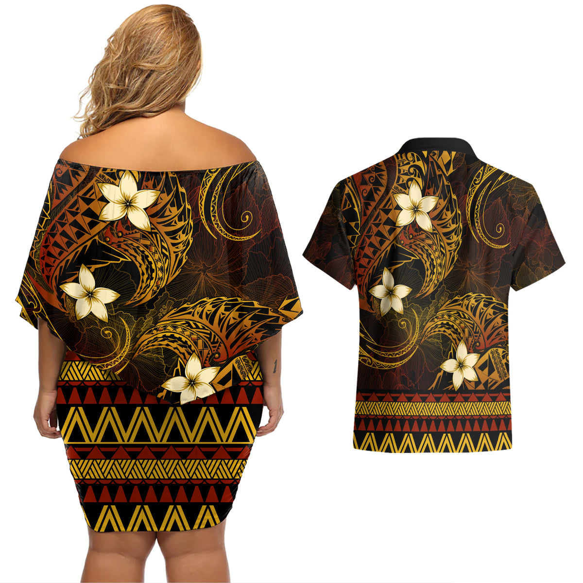 FSM Yap State Couples Matching Off Shoulder Short Dress and Hawaiian Shirt Tribal Pattern Gold Version LT01 - Polynesian Pride