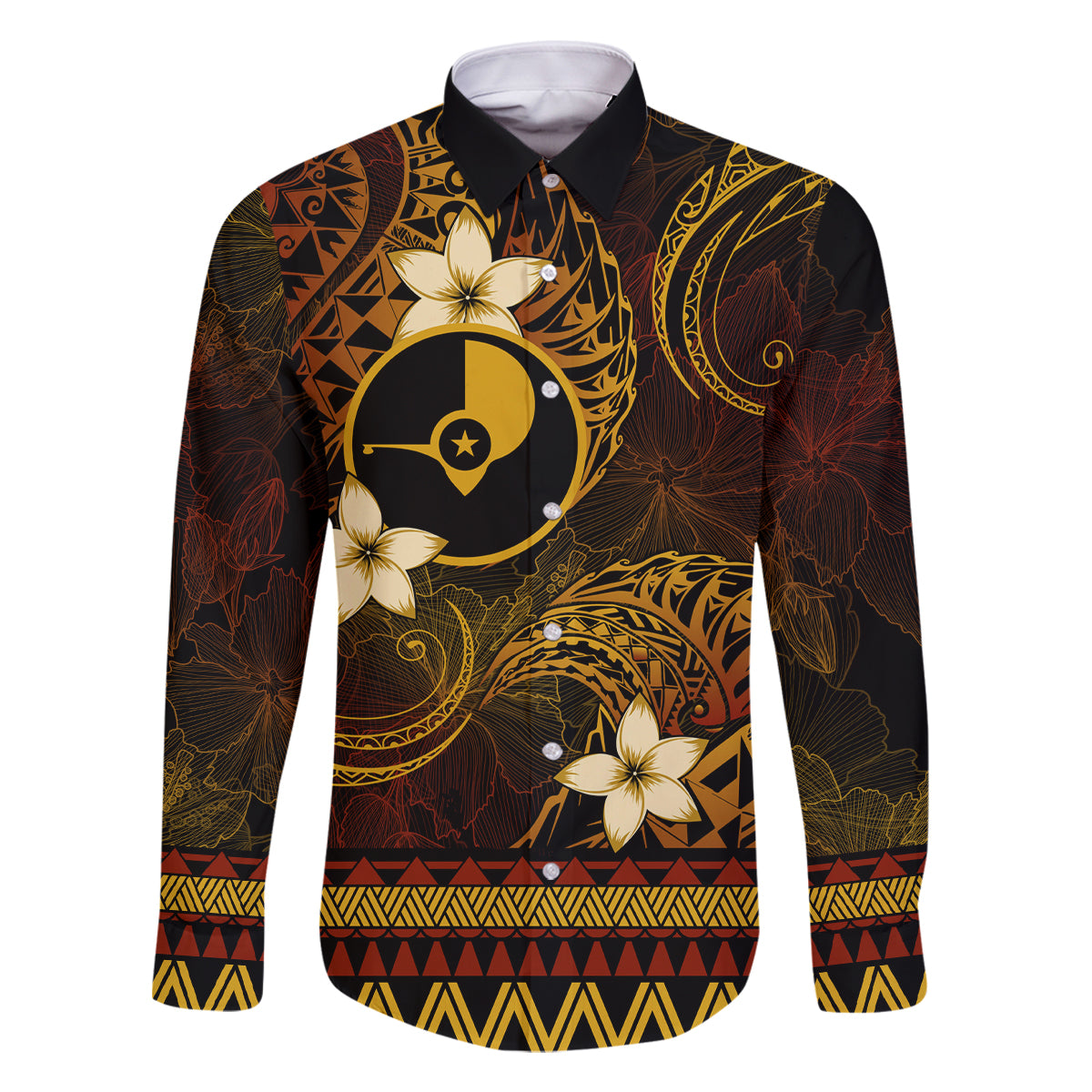 FSM Yap State Family Matching Off Shoulder Maxi Dress and Hawaiian Shirt Tribal Pattern Gold Version LT01 Dad's Shirt - Long Sleeve Gold - Polynesian Pride