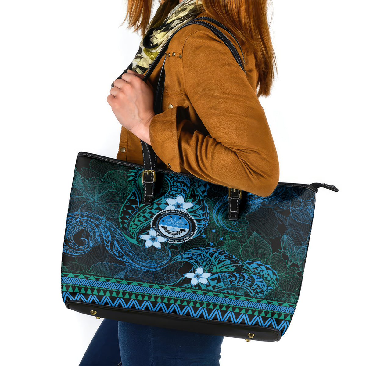 FSM Culture Day Leather Tote Bag Tribal Pattern Ocean Version LT01 Blue - Polynesian Pride
