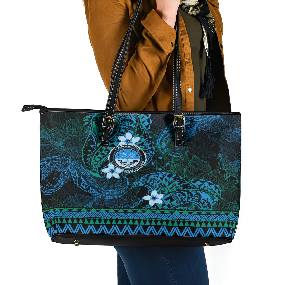 FSM Culture Day Leather Tote Bag Tribal Pattern Ocean Version LT01 - Polynesian Pride