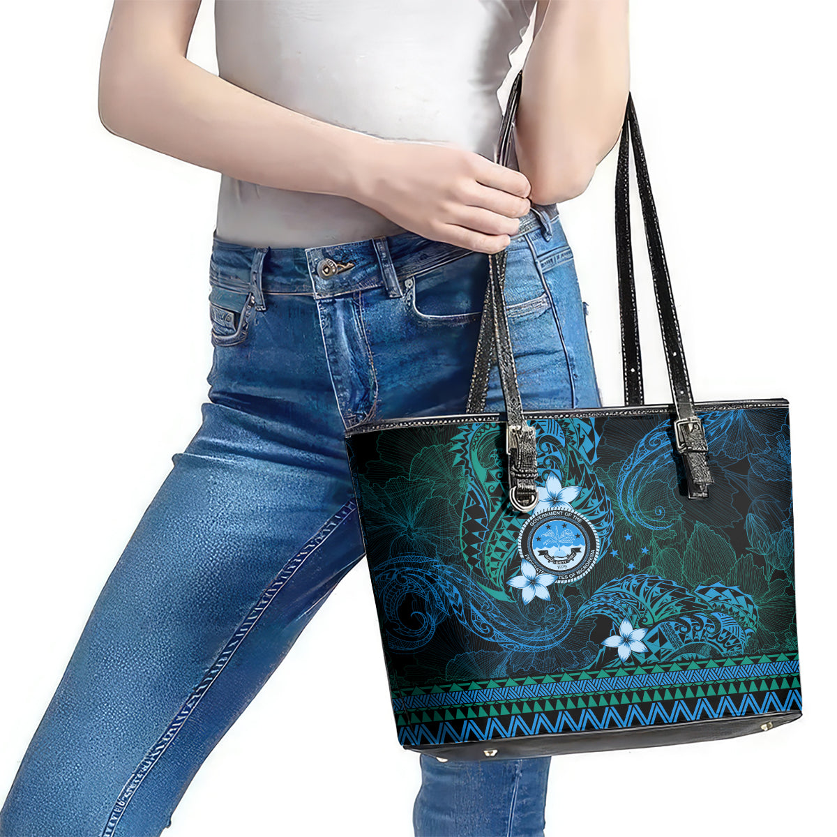 FSM Culture Day Leather Tote Bag Tribal Pattern Ocean Version LT01 - Polynesian Pride