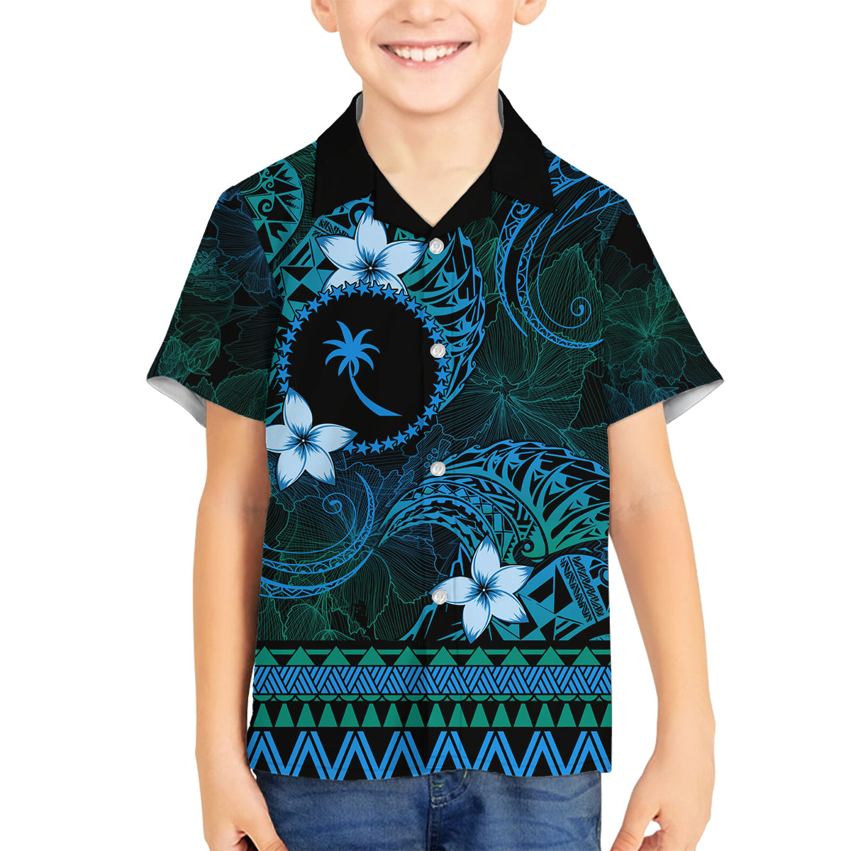 FSM Chuuk State Family Matching Off Shoulder Long Sleeve Dress and Hawaiian Shirt Tribal Pattern Ocean Version LT01 Son's Shirt Blue - Polynesian Pride