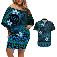FSM Kosrae State Couples Matching Off Shoulder Short Dress and Hawaiian Shirt Tribal Pattern Ocean Version LT01 Blue - Polynesian Pride