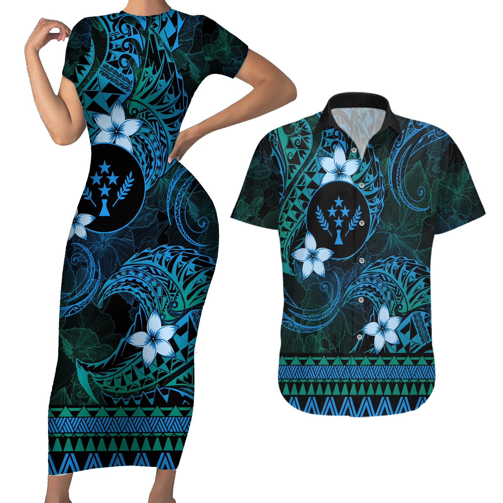 FSM Kosrae State Couples Matching Short Sleeve Bodycon Dress and Hawaiian Shirt Tribal Pattern Ocean Version LT01 Blue - Polynesian Pride