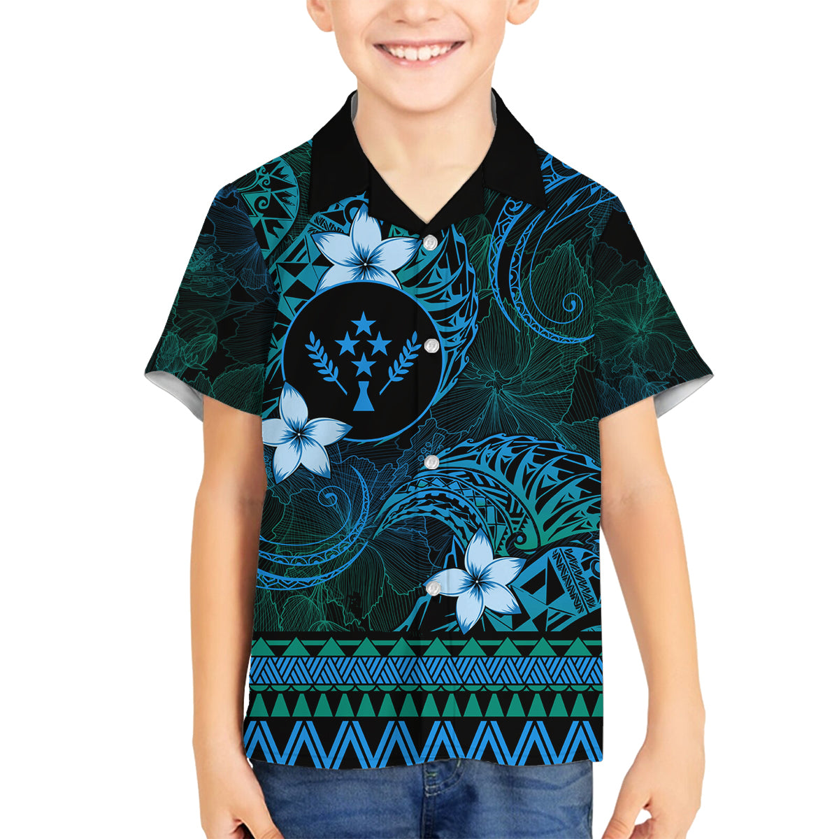 FSM Kosrae State Family Matching Long Sleeve Bodycon Dress and Hawaiian Shirt Tribal Pattern Ocean Version LT01 Son's Shirt Blue - Polynesian Pride