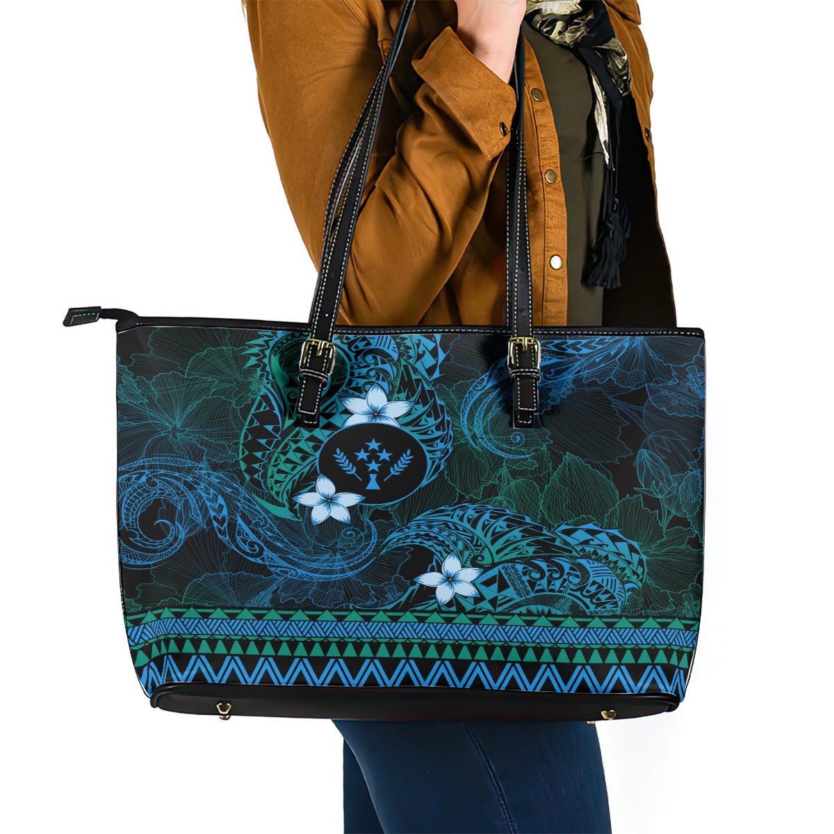 FSM Kosrae State Leather Tote Bag Tribal Pattern Ocean Version LT01 - Polynesian Pride