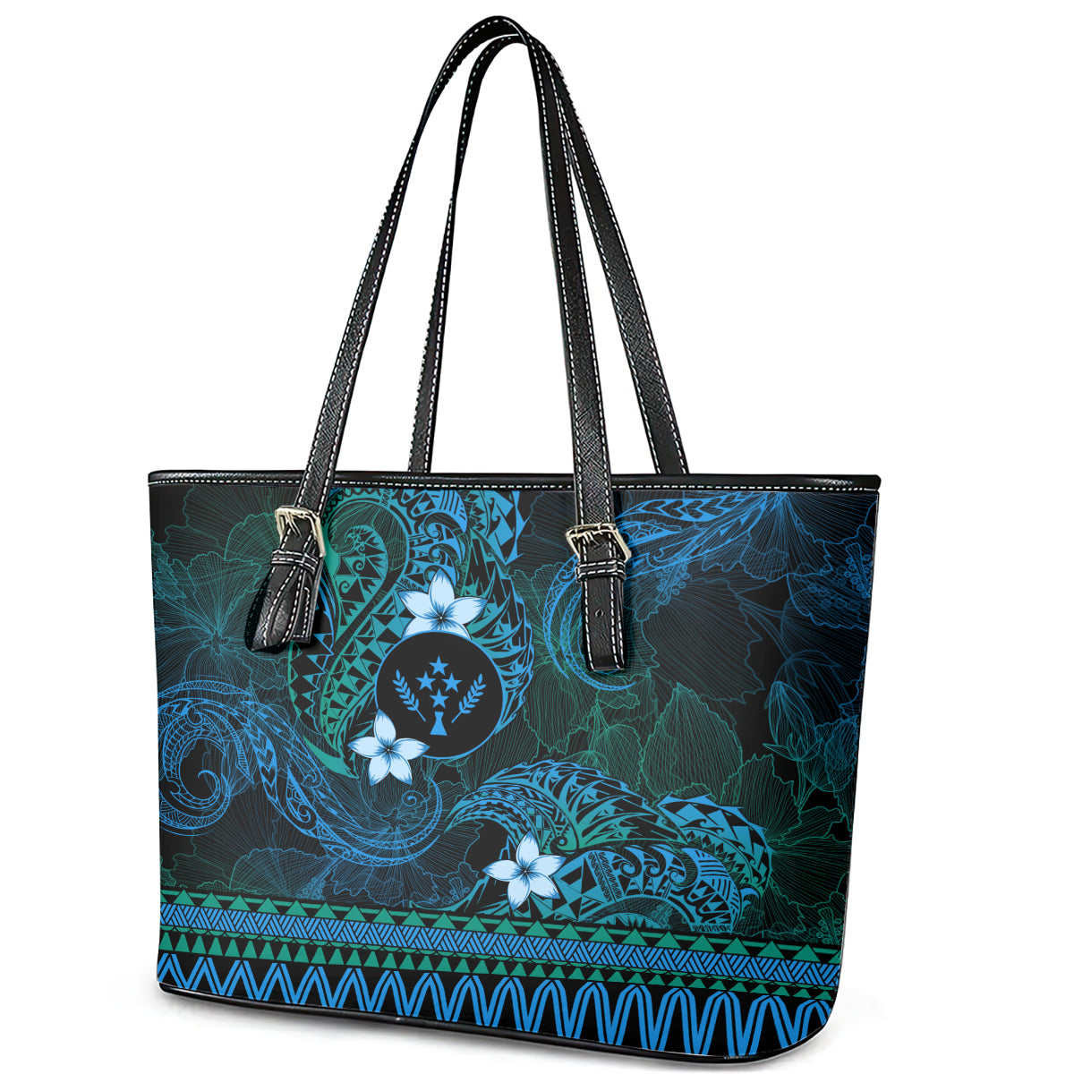 FSM Kosrae State Leather Tote Bag Tribal Pattern Ocean Version LT01 - Polynesian Pride