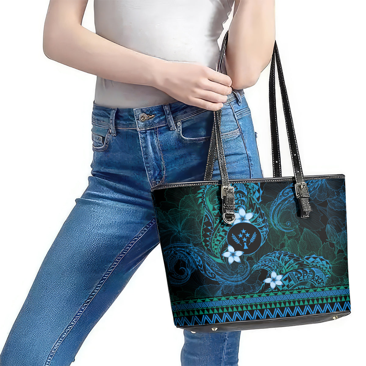 FSM Kosrae State Leather Tote Bag Tribal Pattern Ocean Version LT01 - Polynesian Pride