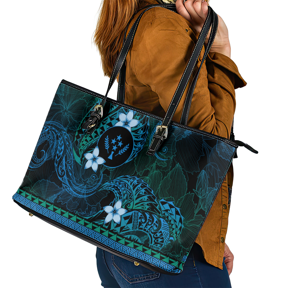 FSM Kosrae State Leather Tote Bag Tribal Pattern Ocean Version LT01 - Polynesian Pride