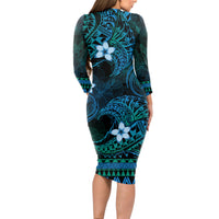 FSM Kosrae State Long Sleeve Bodycon Dress Tribal Pattern Ocean Version LT01 - Polynesian Pride