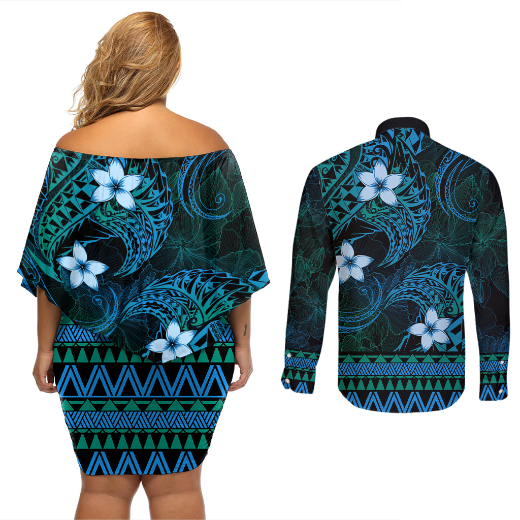 FSM Yap State Couples Matching Off Shoulder Short Dress and Long Sleeve Button Shirt Tribal Pattern Ocean Version LT01 - Polynesian Pride