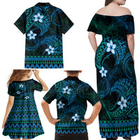 FSM Yap State Family Matching Off Shoulder Maxi Dress and Hawaiian Shirt Tribal Pattern Ocean Version LT01 - Polynesian Pride
