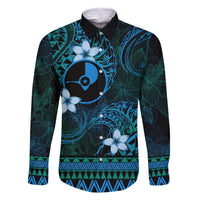 FSM Yap State Family Matching Off Shoulder Maxi Dress and Hawaiian Shirt Tribal Pattern Ocean Version LT01 Dad's Shirt - Long Sleeve Blue - Polynesian Pride