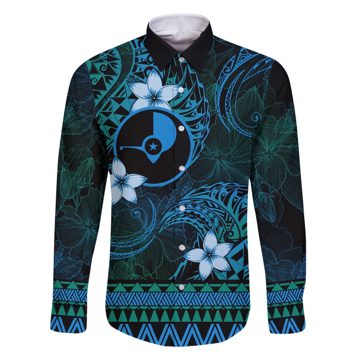 FSM Yap State Family Matching Off Shoulder Short Dress and Hawaiian Shirt Tribal Pattern Ocean Version LT01 Dad's Shirt - Long Sleeve Blue - Polynesian Pride