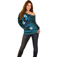 FSM Yap State Off Shoulder Sweater Tribal Pattern Ocean Version LT01 - Polynesian Pride