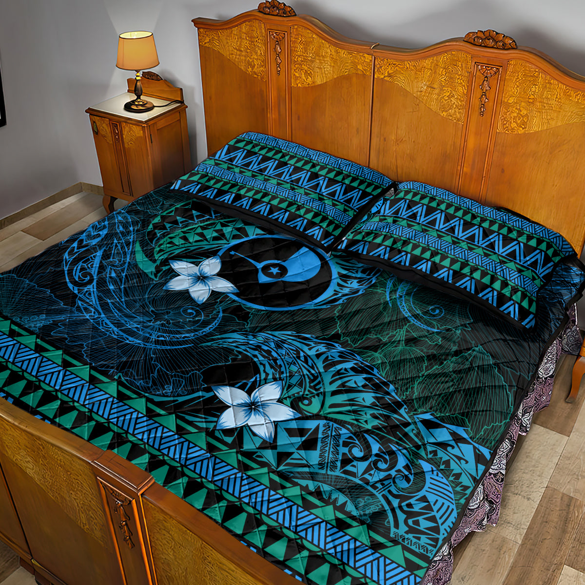 FSM Yap State Quilt Bed Set Tribal Pattern Ocean Version