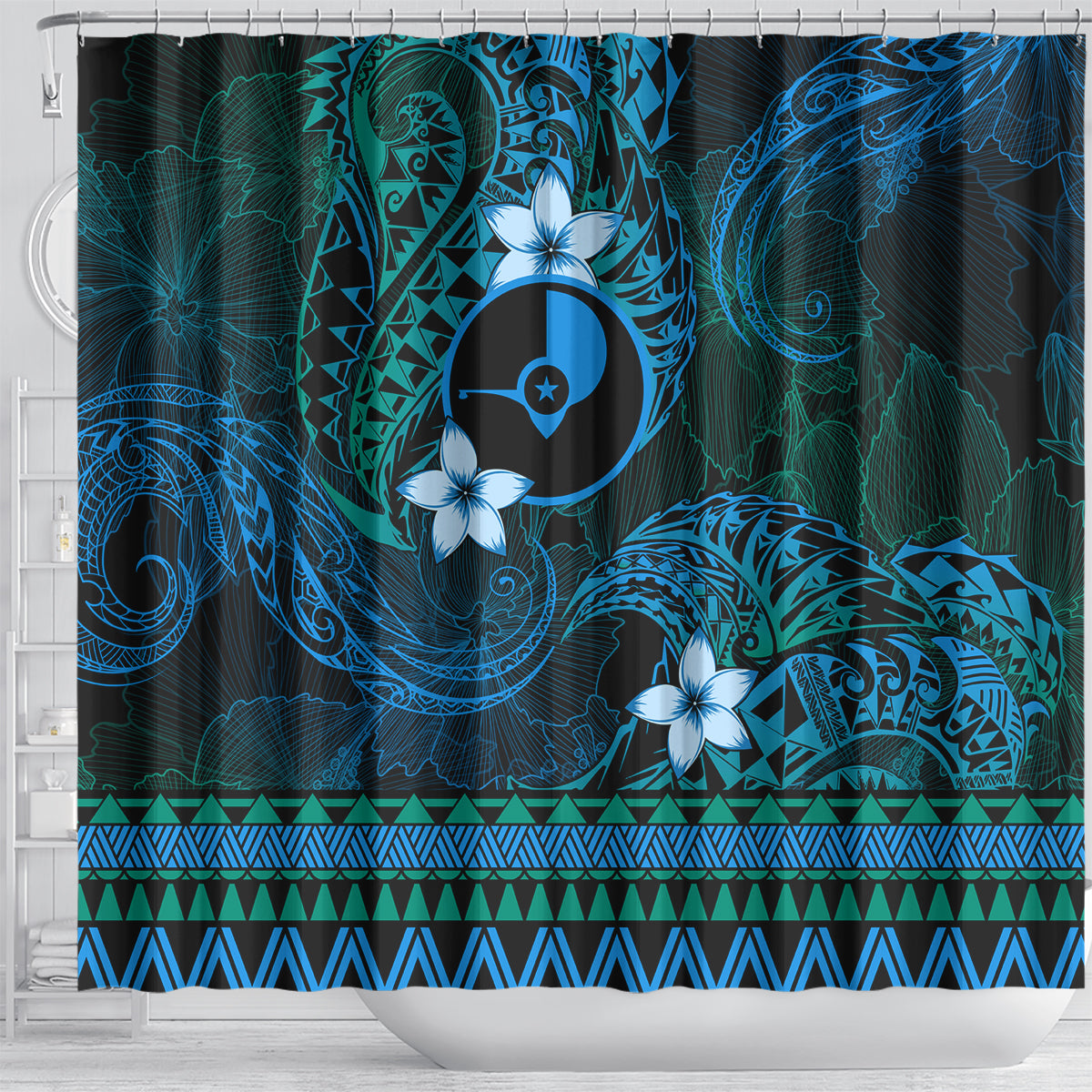 FSM Yap State Shower Curtain Tribal Pattern Ocean Version