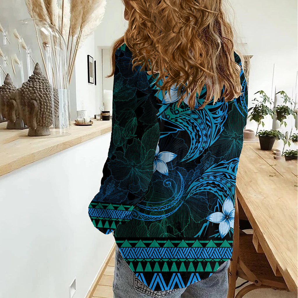 FSM Yap State Women Casual Shirt Tribal Pattern Ocean Version LT01 - Polynesian Pride