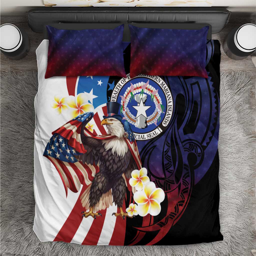 Northern Mariana Islands 4th of July Bedding Set Plumeria USA Eagle