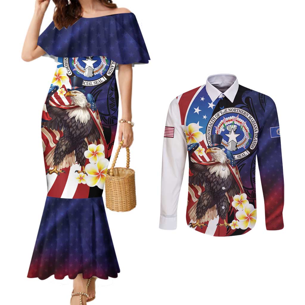 Personalized Northern Mariana Islands 4th of July Couples Matching Mermaid Dress and Long Sleeve Button Shirt Plumeria USA Eagle LT01 Multicolor - Polynesian Pride