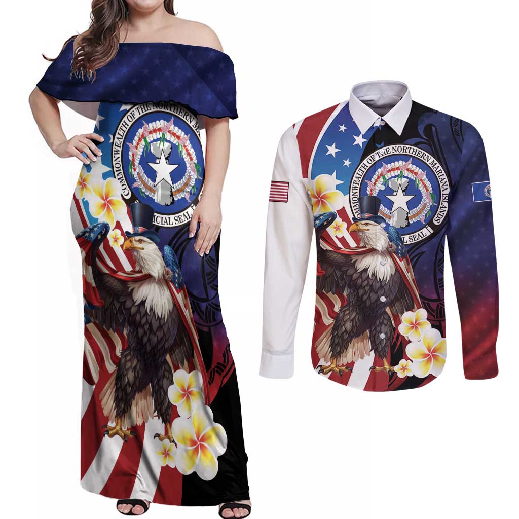 Personalized Northern Mariana Islands 4th of July Couples Matching Off Shoulder Maxi Dress and Long Sleeve Button Shirt Plumeria USA Eagle