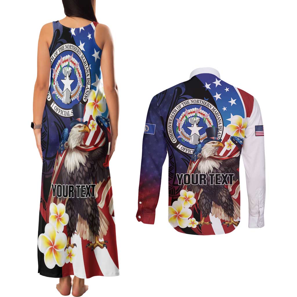 Personalized Northern Mariana Islands 4th of July Couples Matching Tank Maxi Dress and Long Sleeve Button Shirt Plumeria USA Eagle LT01 - Polynesian Pride