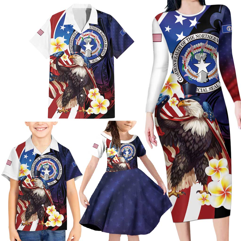 Personalized Northern Mariana Islands 4th of July Family Matching Long Sleeve Bodycon Dress and Hawaiian Shirt Plumeria USA Eagle LT01 - Polynesian Pride
