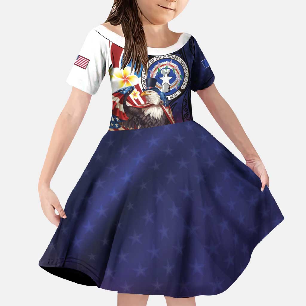 Personalized Northern Mariana Islands 4th of July Family Matching Mermaid Dress and Hawaiian Shirt Plumeria USA Eagle LT01 Daughter's Dress Multicolor - Polynesian Pride