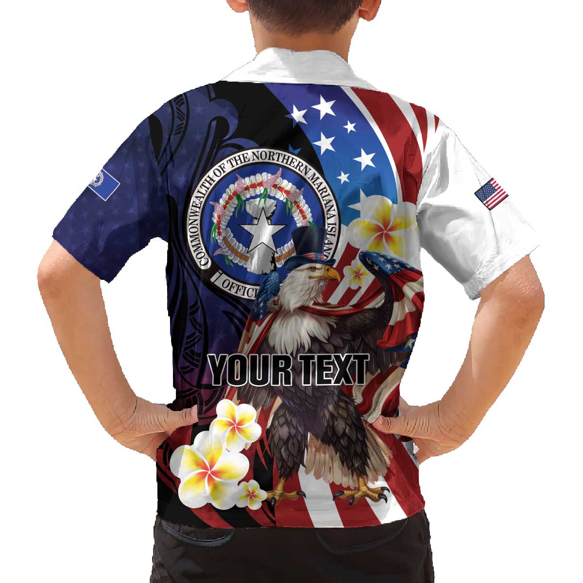 Personalized Northern Mariana Islands 4th of July Family Matching Off The Shoulder Long Sleeve Dress and Hawaiian Shirt Plumeria USA Eagle
