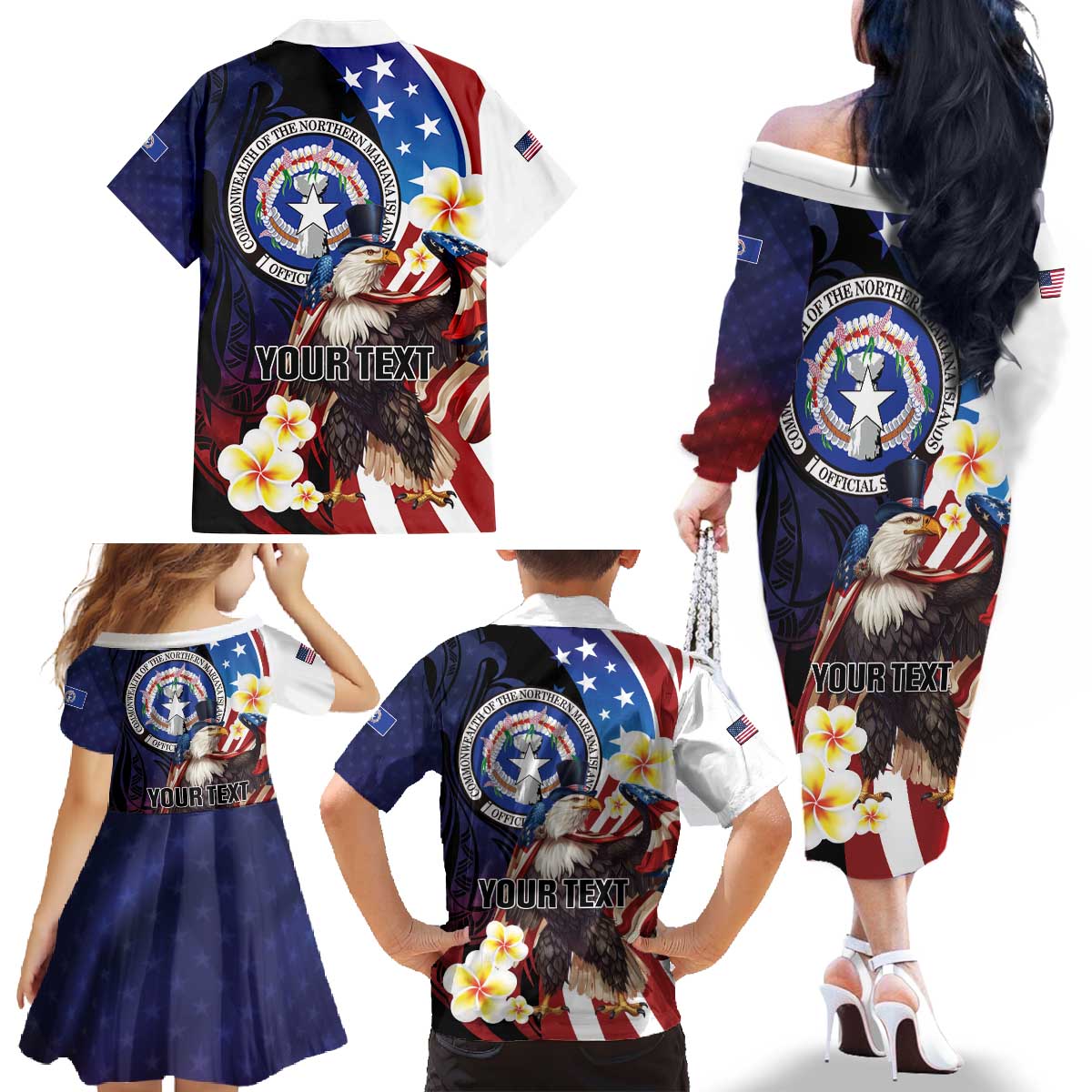 Personalized Northern Mariana Islands 4th of July Family Matching Off The Shoulder Long Sleeve Dress and Hawaiian Shirt Plumeria USA Eagle