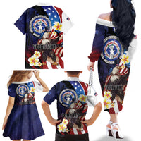 Personalized Northern Mariana Islands 4th of July Family Matching Off The Shoulder Long Sleeve Dress and Hawaiian Shirt Plumeria USA Eagle