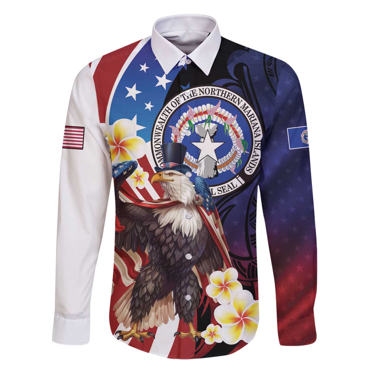 Personalized Northern Mariana Islands 4th of July Family Matching Off The Shoulder Long Sleeve Dress and Hawaiian Shirt Plumeria USA Eagle