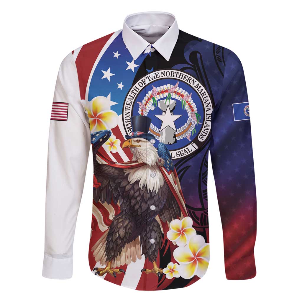 Personalized Northern Mariana Islands 4th of July Family Matching Summer Maxi Dress and Hawaiian Shirt Plumeria USA Eagle LT01 Dad's Shirt - Long Sleeve Multicolor - Polynesian Pride