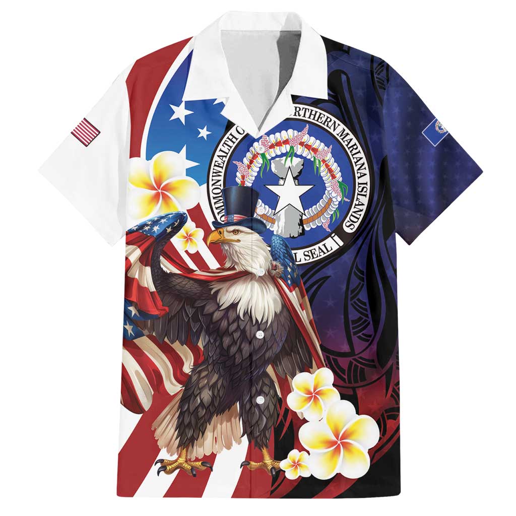 Personalized Northern Mariana Islands 4th of July Family Matching Tank Maxi Dress and Hawaiian Shirt Plumeria USA Eagle LT01 Dad's Shirt - Short Sleeve Multicolor - Polynesian Pride