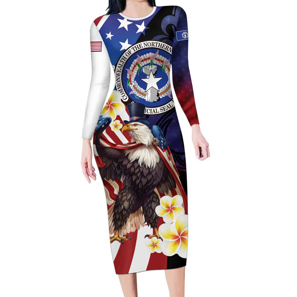 Personalized Northern Mariana Islands 4th of July Long Sleeve Bodycon Dress Plumeria USA Eagle LT01 Long Dress Multicolor - Polynesian Pride