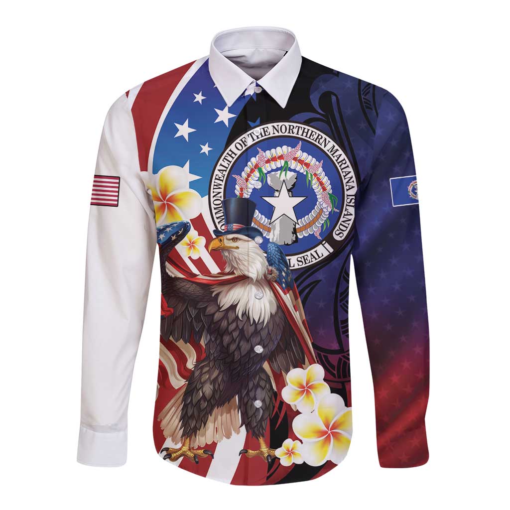 Personalized Northern Mariana Islands 4th of July Long Sleeve Button Shirt Plumeria USA Eagle LT01 Unisex Multicolor - Polynesian Pride