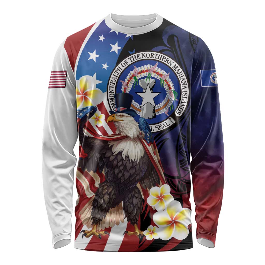 Personalized Northern Mariana Islands 4th of July Long Sleeve Shirt Plumeria USA Eagle LT01 Unisex Multicolor - Polynesian Pride