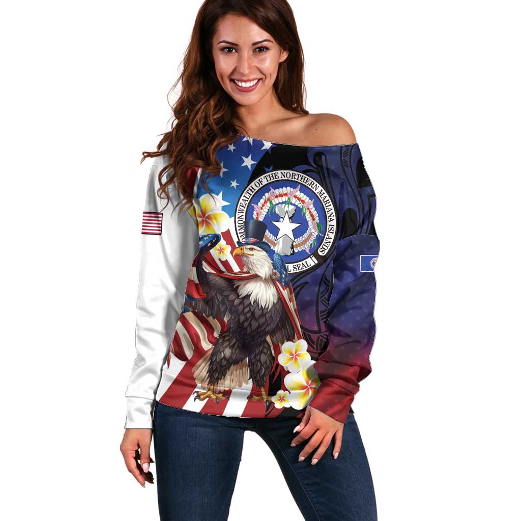 Personalized Northern Mariana Islands 4th of July Off Shoulder Sweater Plumeria USA Eagle
