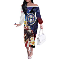 Personalized Northern Mariana Islands 4th of July Off The Shoulder Long Sleeve Dress Plumeria USA Eagle LT01 Women Multicolor - Polynesian Pride