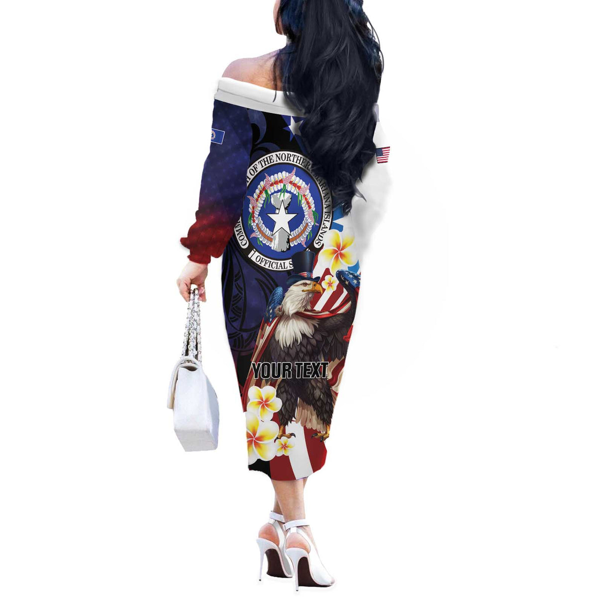 Personalized Northern Mariana Islands 4th of July Off The Shoulder Long Sleeve Dress Plumeria USA Eagle LT01 - Polynesian Pride